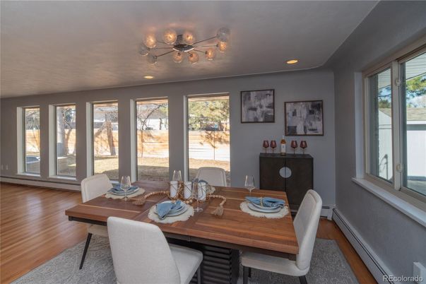 Dining room, Interior, Recessed Lighting, Wood Texture Flooring