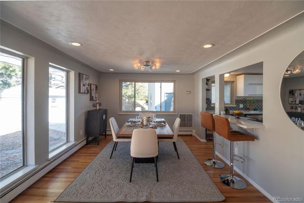 Dining room, Interior, Recessed Lighting, Wood Texture Flooring