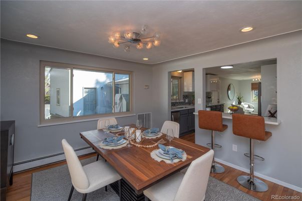 Dining room, Interior, Recessed Lighting, Wood Texture Flooring