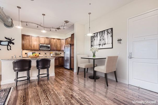 Dining room, Interior, Kitchen, Pendant Lights, Stainless Steel Appliances, Wood Texture Flooring