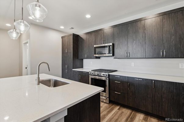 Interior, Kitchen, Pendant Lights, Recessed Lighting, Stainless Steel Appliances, Wood Texture Flooring