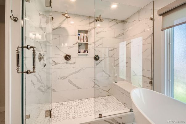 Bathroom, Glass Shower, Interior, Marble Walls, Recessed Lighting