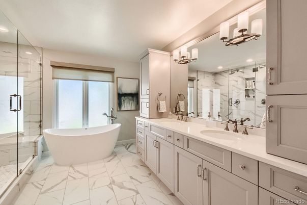 Bathroom, Dual Sink Vanities, Free Standing Baths, Glass Shower, Interior, Marble, Marble Walls, Recessed Lighting