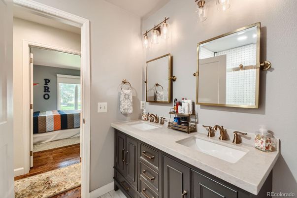 Bathroom, Dual Sink Vanities, Interior, Wood Texture Flooring