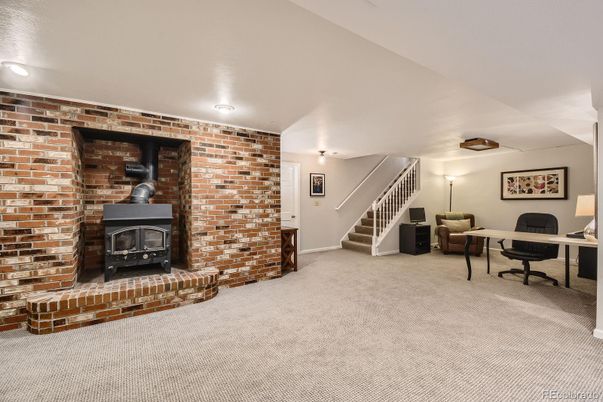 Fireplace, Home Office, Interior, Recessed Lighting, Stone Walls