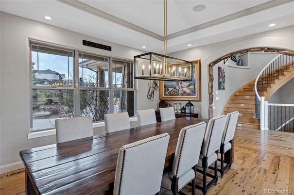 Dining room, Interior, Pendant Lights, Recessed Lighting, Wood Texture Flooring