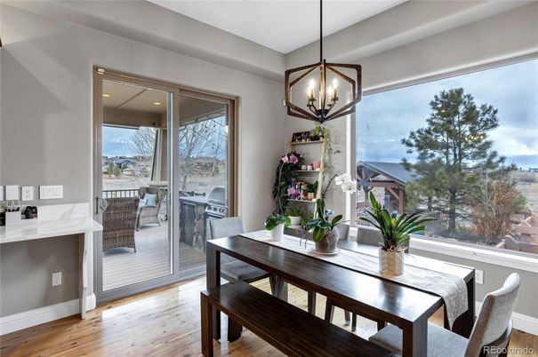 Dining room, Interior, Pendant Lights, Wood Texture Flooring