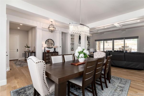 Chandelier, Dining room, Interior, Living room, Recessed Lighting, Wood Texture Flooring