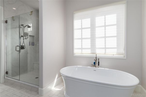 Bathroom, Free Standing Baths, Glass Shower, Interior, Marble, Marble Walls