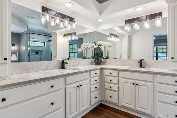 Bathroom, Dual Sink Vanities, Interior, Recessed Lighting, Wood Texture Flooring