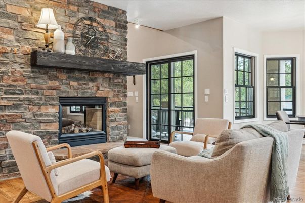 Fireplace, Interior, Living room, Stone Walls, Wood Texture Flooring