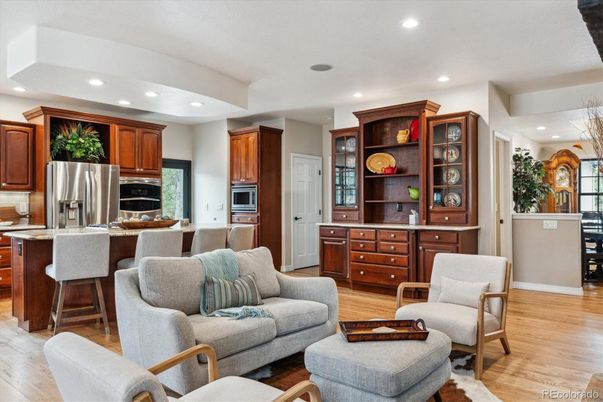 Interior, Kitchen, Living room, Recessed Lighting, Stainless Steel Appliances, Wood Texture Flooring