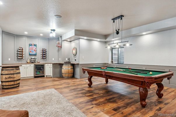 Billiard Table, Game Room, Interior, Pendant Lights, Recessed Lighting, Wood Texture Flooring