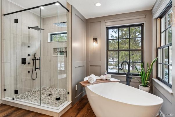 Bathroom, Free Standing Baths, Glass Shower, Interior, Recessed Lighting, Wood Texture Flooring