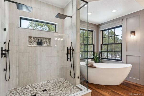 Bathroom, Free Standing Baths, Glass Shower, Interior, Recessed Lighting, Wood Texture Flooring