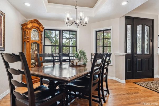 Chandelier, Dining room, Interior, Recessed Lighting, Wood Texture Flooring