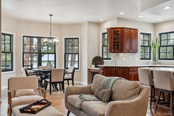 Chandelier, Dining room, Interior, Living room, Recessed Lighting, Wood Texture Flooring