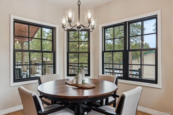 Chandelier, Dining room, Interior, Wood Texture Flooring