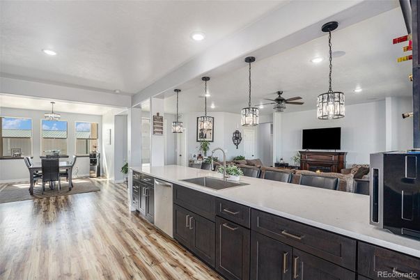 Dining room, Interior, Kitchen, Pendant Lights, Recessed Lighting, Wood Texture Flooring