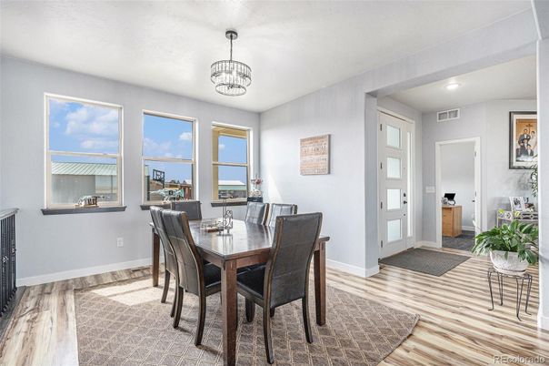 Dining room, Interior, Recessed Lighting, Wood Texture Flooring