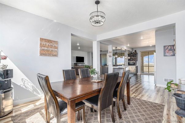 Dining room, Interior, Living room, Pendant Lights, Recessed Lighting, Wood Texture Flooring