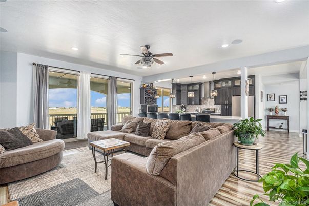 Fireplace, Interior, Kitchen, Living room, Pendant Lights, Recessed Lighting, Wood Texture Flooring