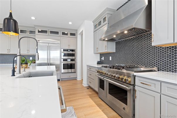Interior, Kitchen, Pendant Lights, Recessed Lighting, Stainless Steel Appliances, Wood Texture Flooring
