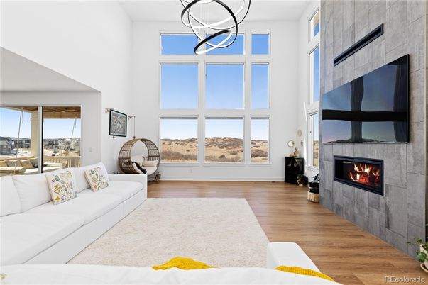 Fireplace, Interior, Living room, Pendant Lights, Wood Texture Flooring