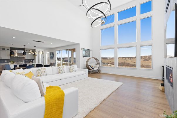 Dining room, Fireplace, Interior, Kitchen, Living room, Pendant Lights, Recessed Lighting, Wood Texture Flooring