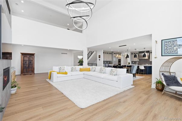 Dining room, Fireplace, Interior, Kitchen, Living room, Pendant Lights, Recessed Lighting, Wood Texture Flooring