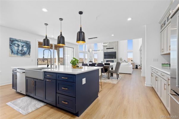 Dining room, Fireplace, Interior, Kitchen, Living room, Pendant Lights, Recessed Lighting, Stainless Steel Appliances, Wood Texture Flooring