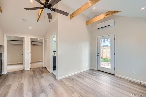 Empty room, Interior, Recessed Lighting, Wooden Beams, Wood Texture Flooring