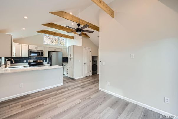 Interior, Kitchen, Recessed Lighting, Stainless Steel Appliances, Wooden Beams, Wood Texture Flooring