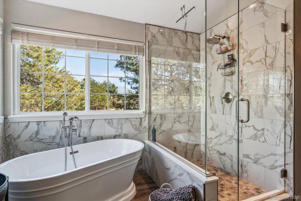Bathroom, Free Standing Baths, Glass Shower, Interior, Marble Walls, Wood Texture Flooring