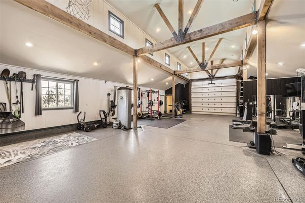 Fitness Equipment, Gym, Interior, Recessed Lighting, Wooden Beams