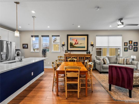 Dining room, Interior, Kitchen, Living room, Pendant Lights, Recessed Lighting, Stainless Steel Appliances, Wood Texture Flooring