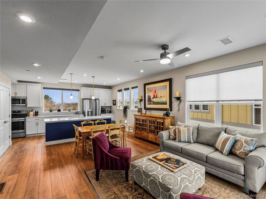 Dining room, Interior, Kitchen, Living room, Pendant Lights, Recessed Lighting, Stainless Steel Appliances, Wood Texture Flooring