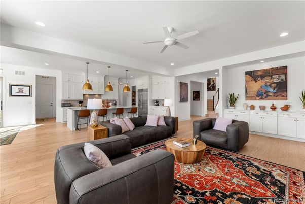 Interior, Kitchen, Living room, Pendant Lights, Recessed Lighting, Wood Texture Flooring