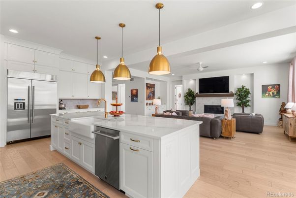 Fireplace, Interior, Kitchen, Living room, Pendant Lights, Recessed Lighting, Stainless Steel Appliances, Wood Texture Flooring