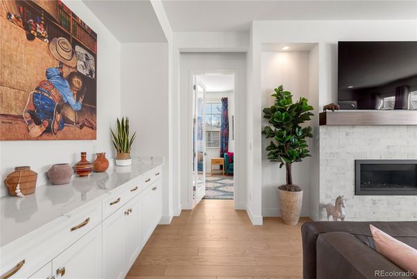 Fireplace, Interior, Recessed Lighting, Wood Texture Flooring