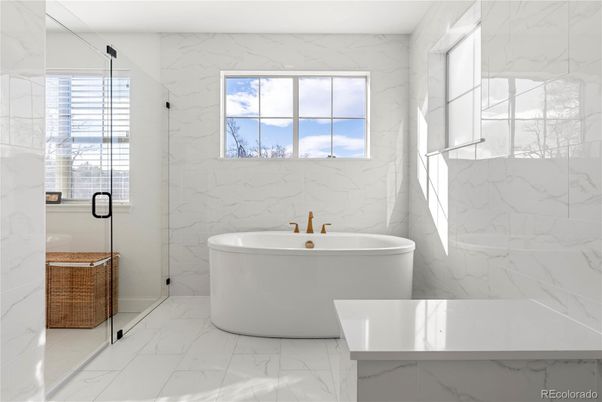 Bathroom, Free Standing Baths, Glass Shower, Interior, Marble, Marble Walls