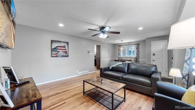 Dining room, Interior, Living room, Recessed Lighting, Wood Texture Flooring