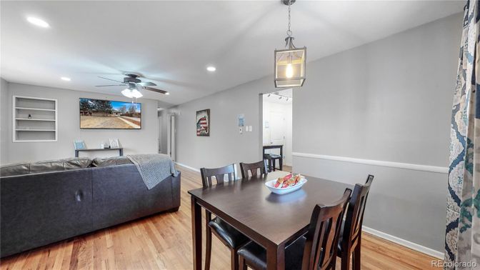 Dining room, Interior, Pendant Lights, Recessed Lighting, Wood Texture Flooring