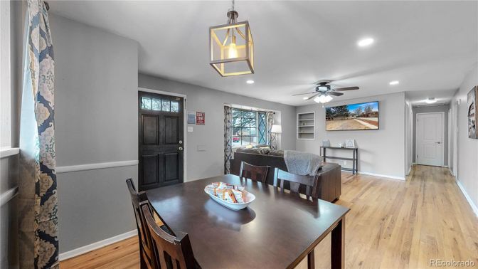 Dining room, Interior, Recessed Lighting, Wood Texture Flooring