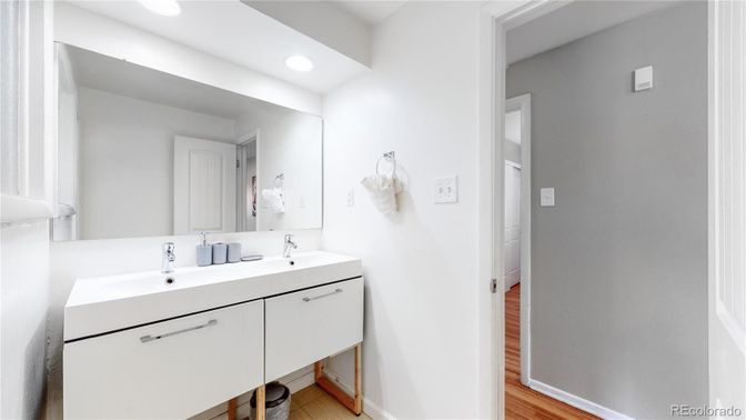 Bathroom, Dual Sink Vanities, Interior, Recessed Lighting, Wood Texture Flooring