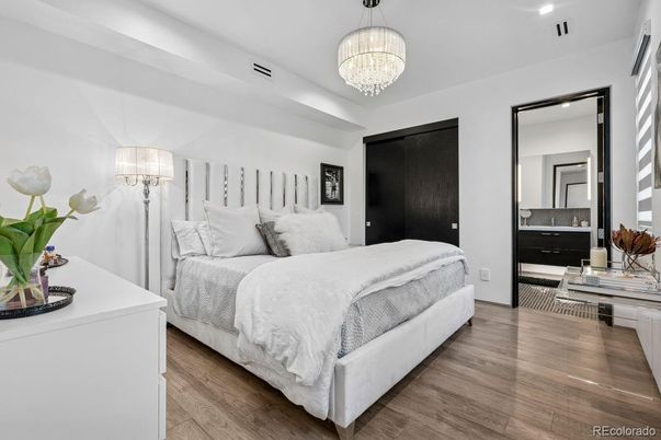 Bedroom, Chandelier, Interior, Recessed Lighting, Wood Texture Flooring