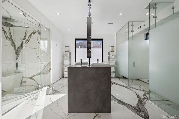 Bathroom, Glass Shower, Interior, Marble, Marble Walls, Recessed Lighting