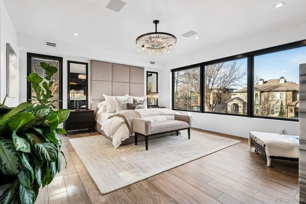 Bedroom, Chandelier, Interior, Recessed Lighting, Wood Texture Flooring