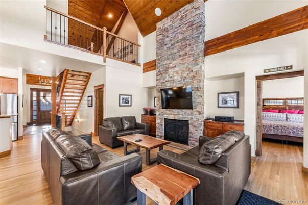 Fireplace, Interior, Kitchen, Living room, Recessed Lighting, Stone Walls, Wooden Beams, Wooden Ceilings, Wood Texture Flooring