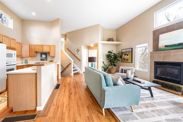 Fireplace, Interior, Kitchen, Living room, Recessed Lighting, Wood Texture Flooring